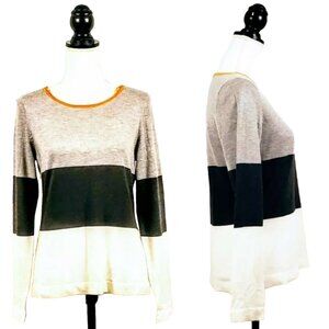 VINCE CAMUTO Top, White Gray Orange Striped Polyester Long Sleeve Career, S